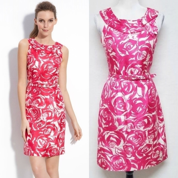 𝅺KATE Spade "Minnie" Silk Pink Rose Pleated Neckline Belted Midi Sheath Dress - Picture 1 of 16